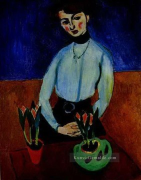  abstrakt - Mädchen mit Tulpen Porträt von Jeanne Vaderin 1910 abstrakte Fauvismus Henri Matisse